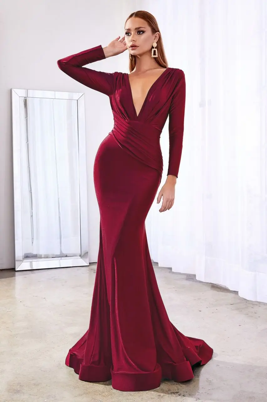 CD Penelope Satin Long Sleeve Burgundy Gown wedding guest dress, view 1