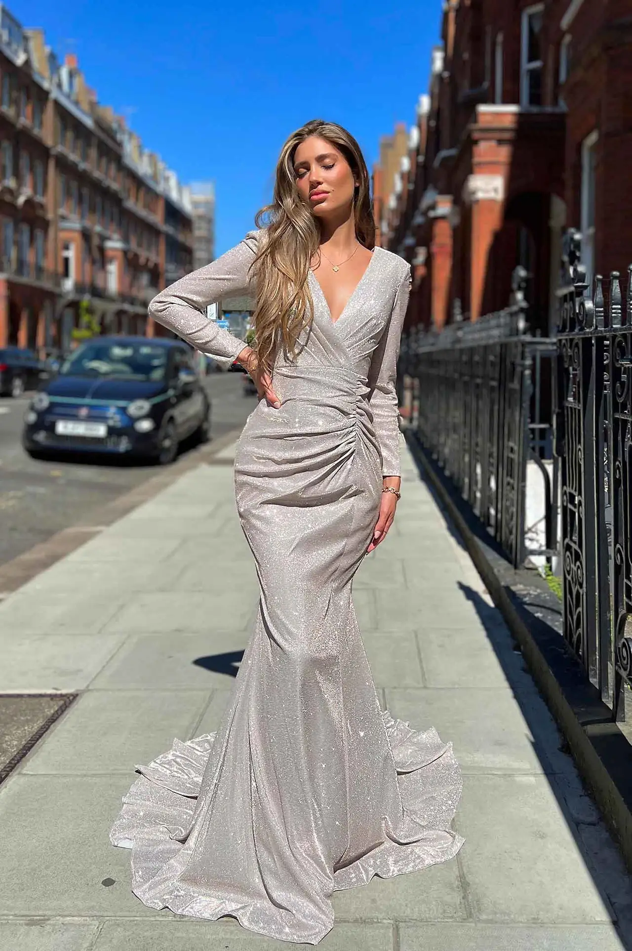 JA Amari Long Sleeve Stardust Musk Gown wedding guest dress, view 1