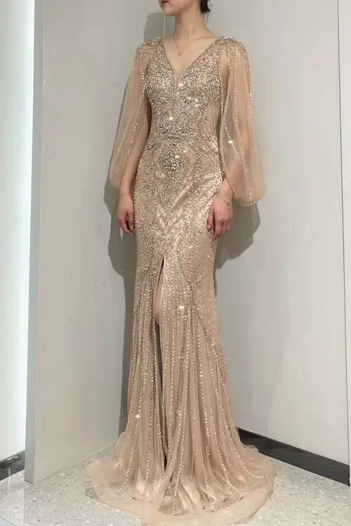 Coral Rose Gold Mermaid Gown wedding guest dress, view 1