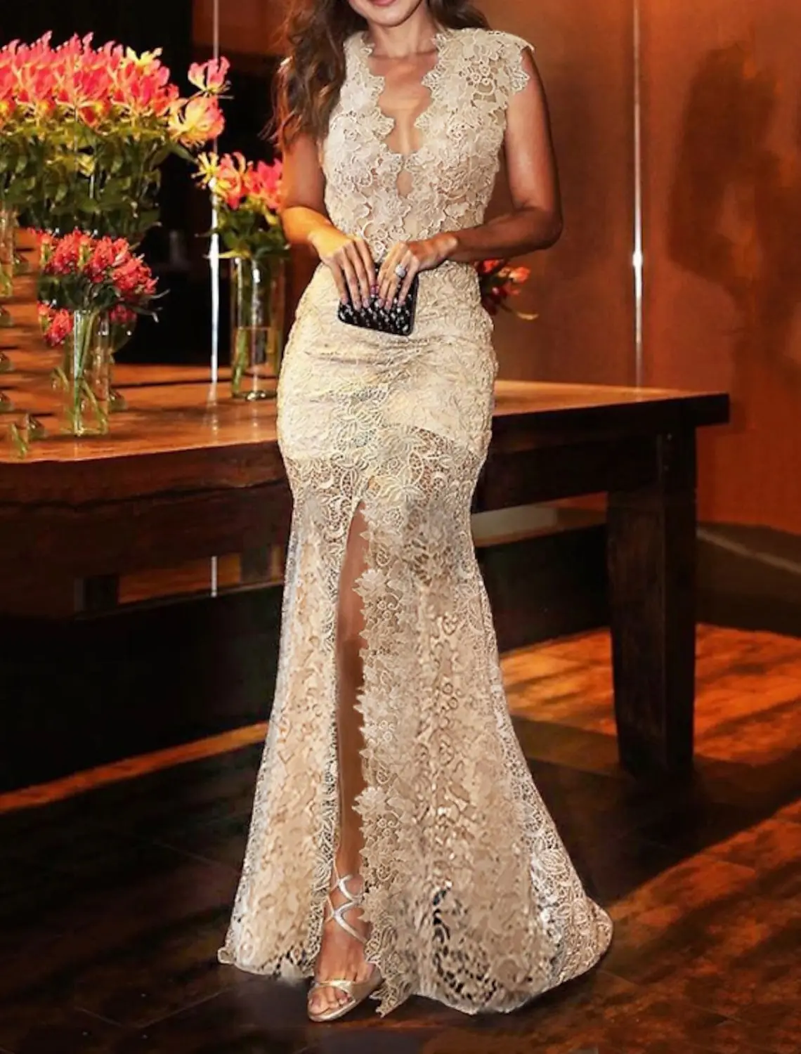 V-Neck Lace Mermaid Floor-Length Wedding Dress — LV15378229 — view 1