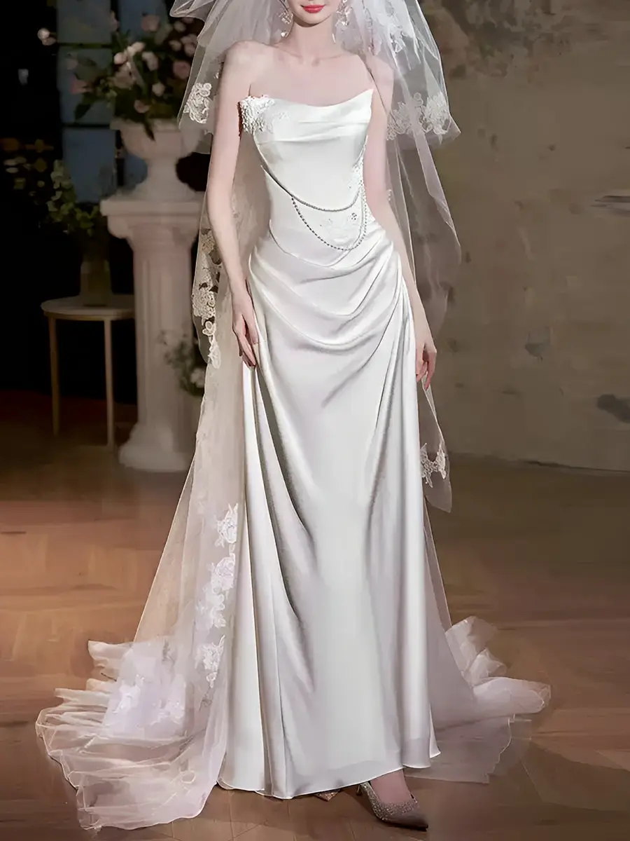 Strapless Sleeveless Satin Mermaid Wedding Dress — LV63777333 — view 1