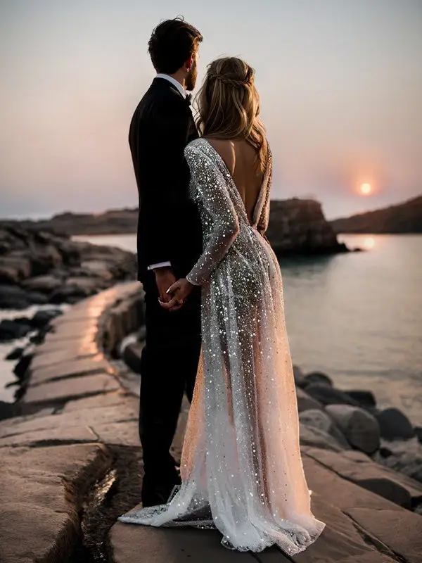 V-Neck Long Sleeve A-Line Floor-Length Wedding Dress — LV68871733 — view 1