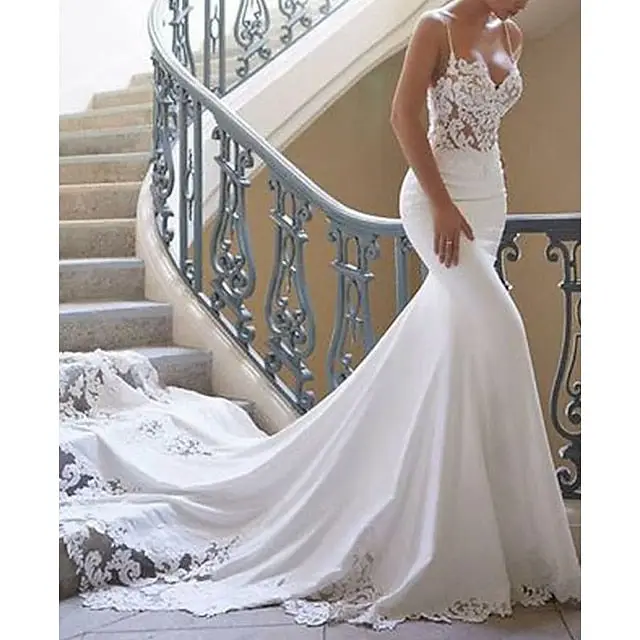 V-Neck Silk Satin Mermaid Floor-Length Wedding Dress — LV17737525 — view 1