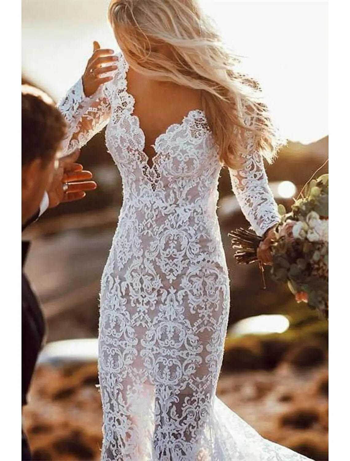 V-Neck Long Sleeve Lace Mermaid Wedding Dress — LV26985013 — view 1
