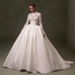 Classic Long Sleeve Lace Ball Gown — SW075 Ivory wedding dress, full-length front view