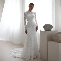Floral Long Sleeve Mermaid — SW543 Ivory wedding dress, full-length front view