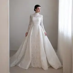 High Neck Lace with Overskirt — SW541 Ivory wedding dress, full-length front view