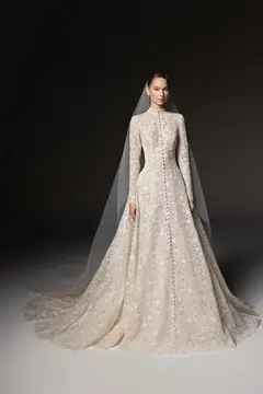 High Neck Long Sleeve Lace A-Line with Buttons — SW669 Champagne wedding dress, view 4