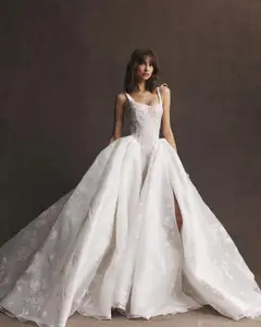 Lace Embroidery High-Slit Train — SW600 Ivory wedding dress, full-length front view