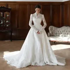 Lace High Neck Long Sleeve A-Line — SW279 Ivory wedding dress, full-length front view