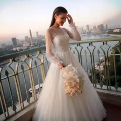 Long Sheer Sleeve A-Line Tulle with Lace Appliqués — SW713 Ivory wedding dress, full-length front view