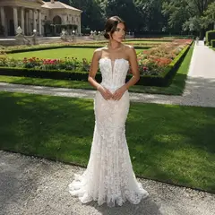 Nude Lace Fairytale Mermaid 3D Floral Train — SW649 Ivory Blush wedding dress, full-length front view