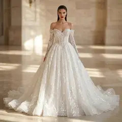 Off-the-Shoulder Long Sleeve Lace Tulle Ball Gown — SW702 Ivory wedding dress, full-length front view