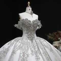 Satin Ball Gown with Silver Embroidery — SW606 Ivory wedding dress, full-length side view