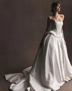 Satin Strapless Beaded Ball Gown Train — SW599 Ivory wedding dress, full-length front view