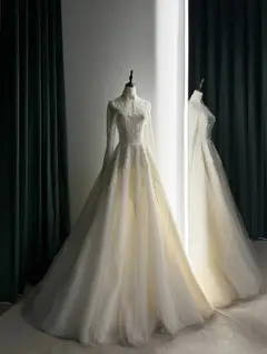 Sequin Pearl Long Sleeve Ball Gown — SW518 Ivory wedding dress, full-length back view