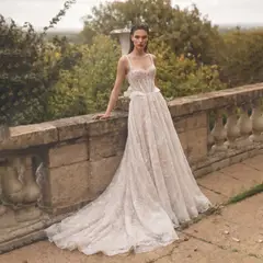 Square Neck Corset Lace Tulle A-Line with Train — SW706 Ivory wedding dress, full-length front view