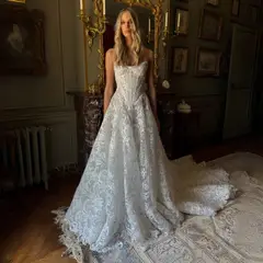 Strapless Lace A-Line with Scalloped Train — SW220 Ivory wedding dress, full-length front view