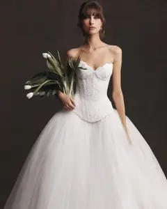Strapless Lace Tulle Ball Gown — SW597 Ivory wedding dress, full-length front view