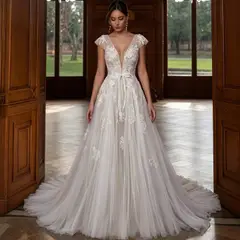 V-Neck Cap Sleeve A-Line Lace Tulle — SW711 Ivory wedding dress, full-length front view