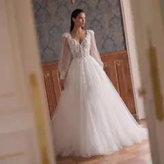 V-Neck Long Sleeve Lace-Up Back A-Line — SW716 Ivory wedding dress, full-length front view