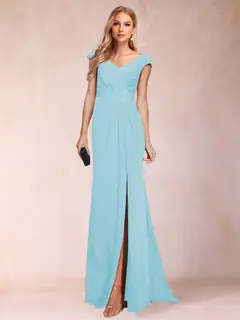 Sheath/Column V-Neck Ruched Mother of the Bride Dresses with Appliques & Split Side — view 22