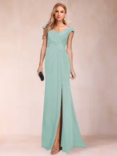 Sheath/Column V-Neck Ruched Mother of the Bride Dresses with Appliques & Split Side — view 25