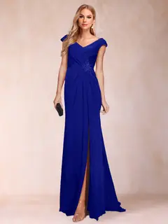 Sheath/Column V-Neck Ruched Mother of the Bride Dresses with Appliques & Split Side — view 33