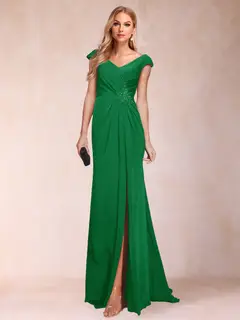 Sheath/Column V-Neck Ruched Mother of the Bride Dresses with Appliques & Split Side — view 53