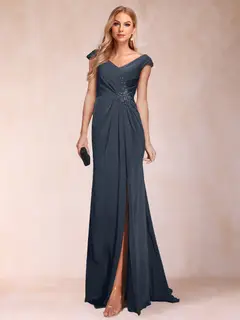 Sheath/Column V-Neck Ruched Mother of the Bride Dresses with Appliques & Split Side — view 60