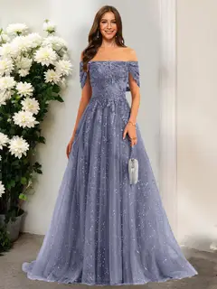 A-Line/Princess Off-the-Shoulder Short Sleeves Sequins Prom Dresses — view 1