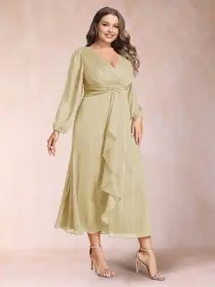 A-Line/Princess Crossover V-Neck Long Sleeves Ruffled Plus Size Evening Dresses — view 4