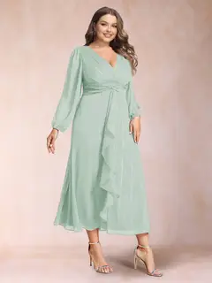 A-Line/Princess Crossover V-Neck Long Sleeves Ruffled Plus Size Evening Dresses — view 11