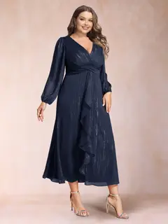 A-Line/Princess Crossover V-Neck Long Sleeves Ruffled Plus Size Evening Dresses — view 13