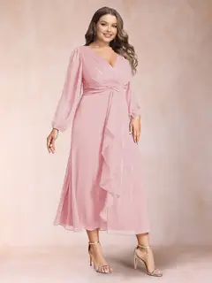 A-Line/Princess Crossover V-Neck Long Sleeves Ruffled Plus Size Evening Dresses — view 15