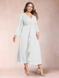 A-Line/Princess Crossover V-Neck Long Sleeves Ruffled Plus Size Evening Dresses — view 18