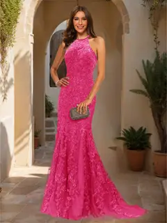 Trumpet/Mermaid Halter Sleeveless Applique Prom Dresses — view 31