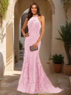 Trumpet/Mermaid Halter Sleeveless Applique Prom Dresses — view 45