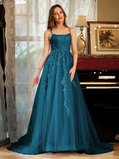 A-Line/Princess Tulle Spaghetti Straps Applique Long Prom Dresses — view 57
