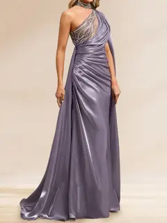 Sheath/Column Illusion One Shoulder Cape Sleeve Sweep train Evening Dresses with Beading & Overskirt — view 3