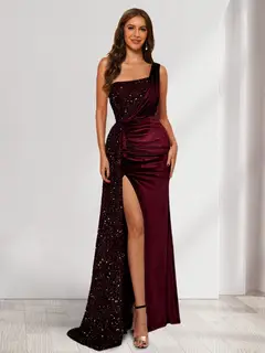 Sheath/Column One-Shoulder Floor-Length Velvet Evening Dresses with Sequins & Split Side — LV11448066 — view 30