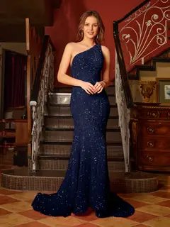Trumpet/Mermaid One-Shoulder Sleeveless Ruffles Long Tight Prom Dresses — view 26