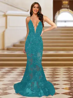 Trumpet/Mermaid V-Neck Sleeveless Evening Dresses with Applique — view 5