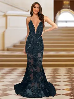 Trumpet/Mermaid V-Neck Sleeveless Evening Dresses with Applique — view 42