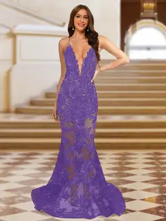 Trumpet/Mermaid V-Neck Sleeveless Evening Dresses with Applique — view 52