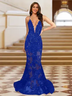 Trumpet/Mermaid V-Neck Sleeveless Evening Dresses with Applique — view 54
