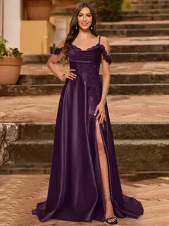 A-Line/Princess Cold Shoulder Short Sleeves Rhinestone Prom Dresses — view 53