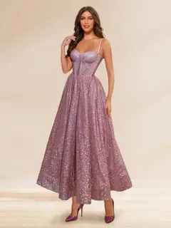 Sequin A-Line Spaghetti Straps Prom Dresses with Beadings — view 1
