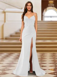 Sparkly Trumpet/Mermaid Spaghetti Straps Long Evening Dresses with Side Slit — view 7