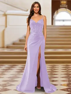 Sparkly Trumpet/Mermaid Spaghetti Straps Long Evening Dresses with Side Slit — view 8